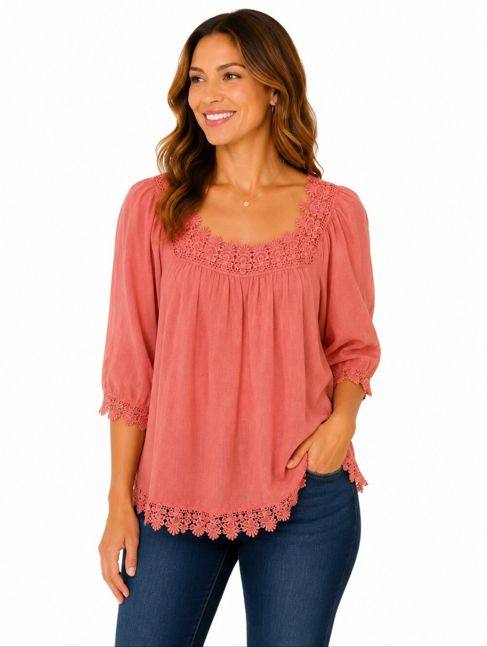 NEW DIRECTIONS 3/4 Sleeve Crochet Detail Semi Sheer Blouse Size XL - Picture 1 of 8